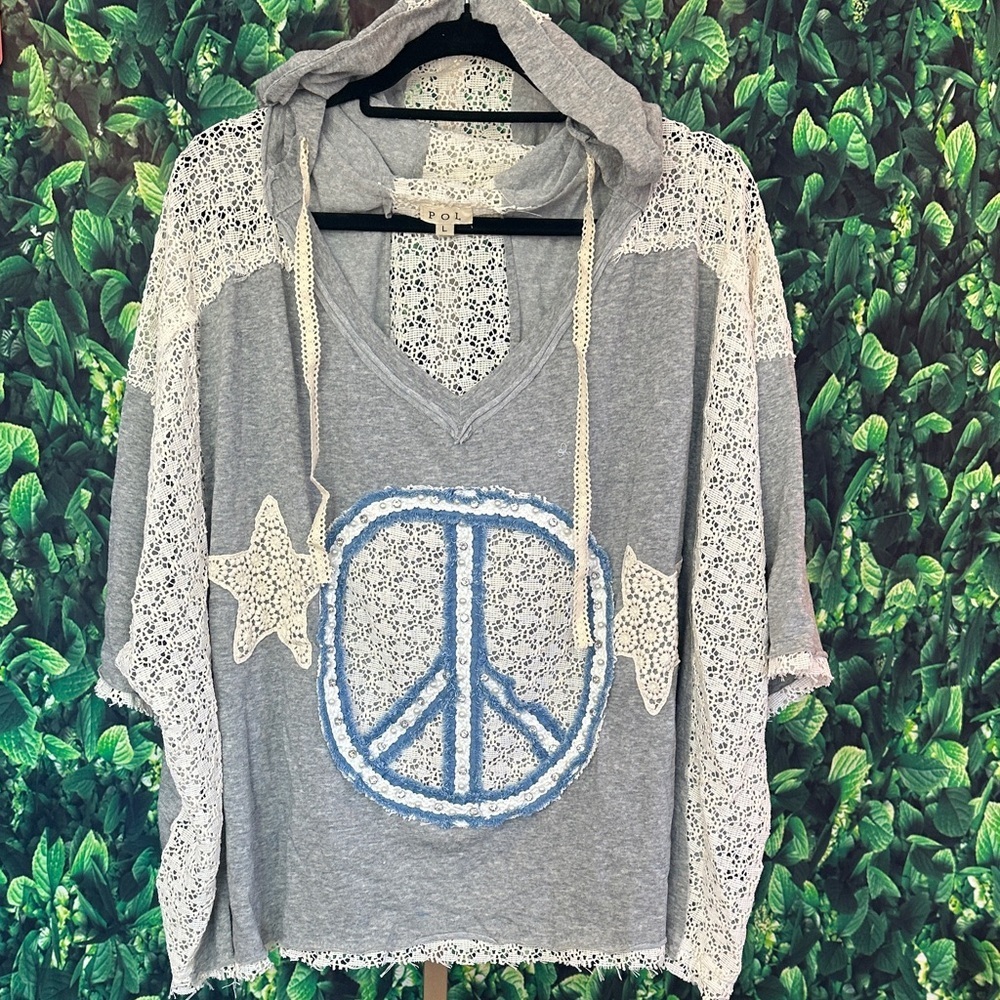 POL Hoodie with Blue Peace Sign Cream Crochet Lace Loose Fit, Size Large